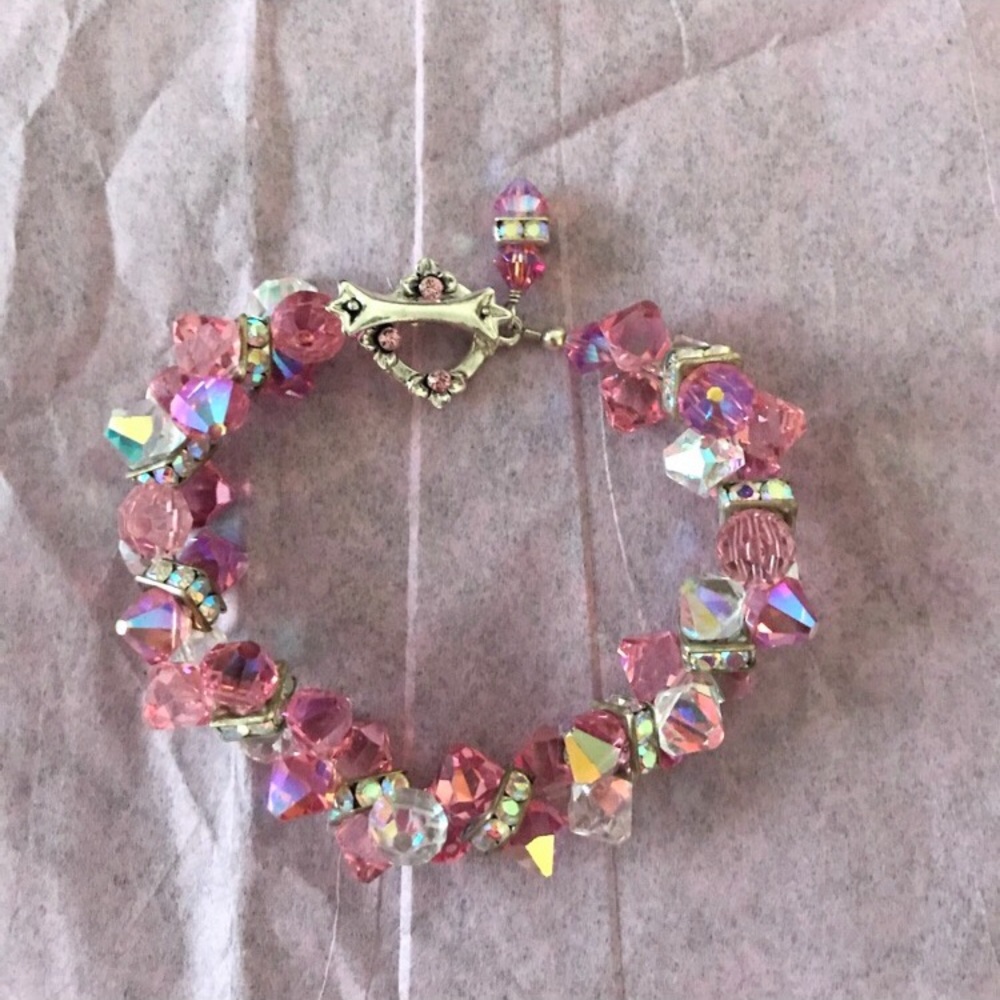 Pink and Clear crystal beaded bracelet